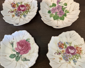 Vtg NASCO Japan Butter Pat 4” Dishes Cabbage Rose Floral Lot-4 Leaf Shaped Gold
