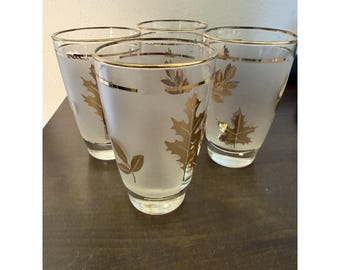 5 Vintage Libby Glass Company Tumblers Golden Foliage Pattern Frost Finish 22K