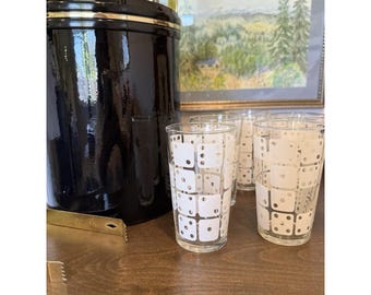 Vintage MCM Dice Highball Glasses - White Frosted Casino Barware Anchor Hocking
