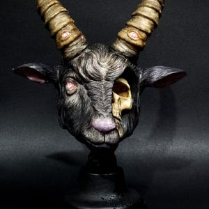 Somos lo que somos (We Are What We Are) - Surrealist Goat & Human Skull Bust - Hand-Painted Dark Art Sculpture - Unique Cult Object