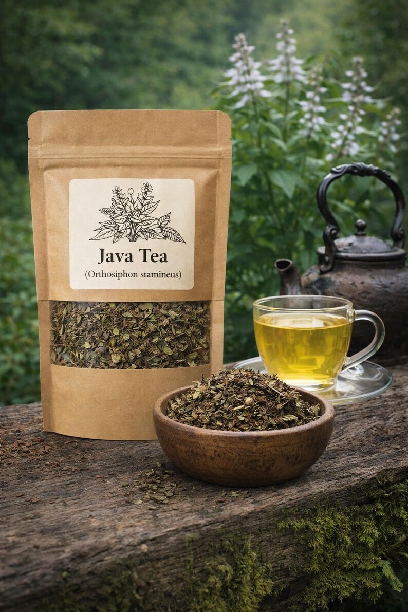 A bag of Java Tea (Orthosiphon stamensus) and a glass of tea are displayed on a wooden surface, with a teapot and a small bowl of tea leaves in the background.