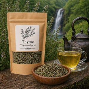 Könnte beinhalten: Ein brauner Kraftpapierbeutel mit getrocknetem Thymian, einem weißen Etikett mit der Aufschrift Thyme (Thymus vulgaris) und einem Sichtfenster. Vor dem Beutel steht eine kleine Holzschale mit Thymian, eine Teetasse und eine Teekanne.