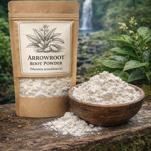 May include: A brown paper pouch labelled Arrowroot Root Powder (Maranta arundinacea) with a botanical illustration, containing white powder, next to a dark wooden bowl filled with the same white powder, both resting on a textured log surface.