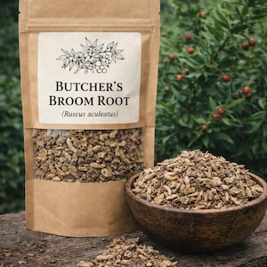 Può includere: Un sacchetto di carta marrone con una finestra trasparente contenente radice di pungitopo essiccata, etichettato con il testo Butcher's Broom Root (Ruscus aculeatus) e un'illustrazione botanica. Una ciotola di legno piena della stessa radice essiccata si trova accanto.
