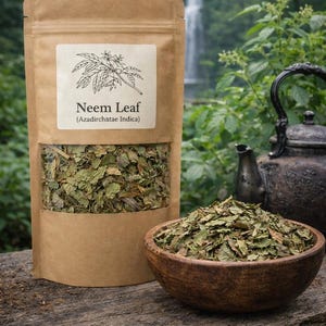 May include: A brown paper pouch with a clear window containing dried green neem leaves. The label features a botanical illustration and the text "Neem Leaf (Azadirachatae Indica)". A wooden bowl filled with the same dried leaves sits nearby.