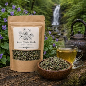May include: A brown paper pouch labelled Sweet Violet Herb (Viola odorata) with a botanical illustration, a wooden bowl filled with dried green herbs, and a glass cup of light yellow tea next to a dark metal teapot on a wooden surface.
