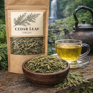 Puede incluir: Una bolsa de papel marrón etiquetada como Cedar Leaf (Thuja) que contiene hojas verdes secas, un cuenco de madera oscura lleno de las mismas hojas secas y una taza de cristal transparente con té amarillo claro junto a una tetera de metal.