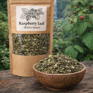 Peut inclure: Un sachet en papier kraft brun avec une fenêtre transparente contenant des feuilles de framboisier séchées. L'étiquette présente une illustration botanique et le texte Raspberry Leaf (Rubus idaeus). Un bol en bois rempli de feuilles est posé.