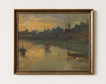 Moody Dutch Sunset Painting, Vintage Landscape Wall Art, Golden River Windmill Scene, Framed or Unframed Print
