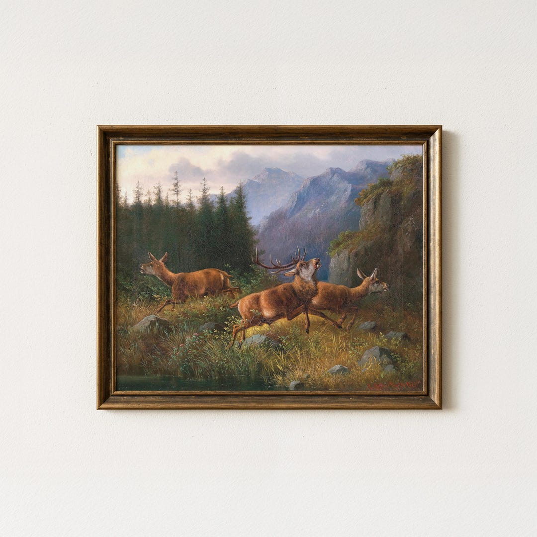 Vintage Deer Landscape Painting, Antique Stag Wall Art, Rustic Hunting ...