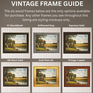 May include: A vintage frame guide displaying six wood frame options for artwork: FC Black&Gold, Driftwood Gray, Espresso Gold, SW Black Gold, Gold Plein Air, and Vintage Copper. Each frame surrounds a landscape painting of a river and trees.