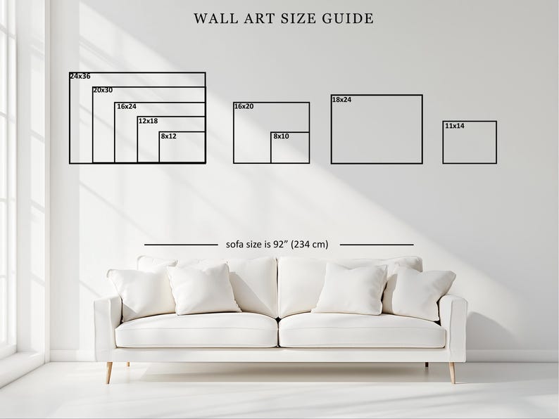 May include: A wall art size guide featuring black rectangular outlines representing various dimensions in inches, including 24x36, 20x30, 16x24, 12x18, 8x12, 16x20, 8x10, 18x24, and 11x14. Below, a white sofa is shown with a label indicating a sofa size of 92 inches.