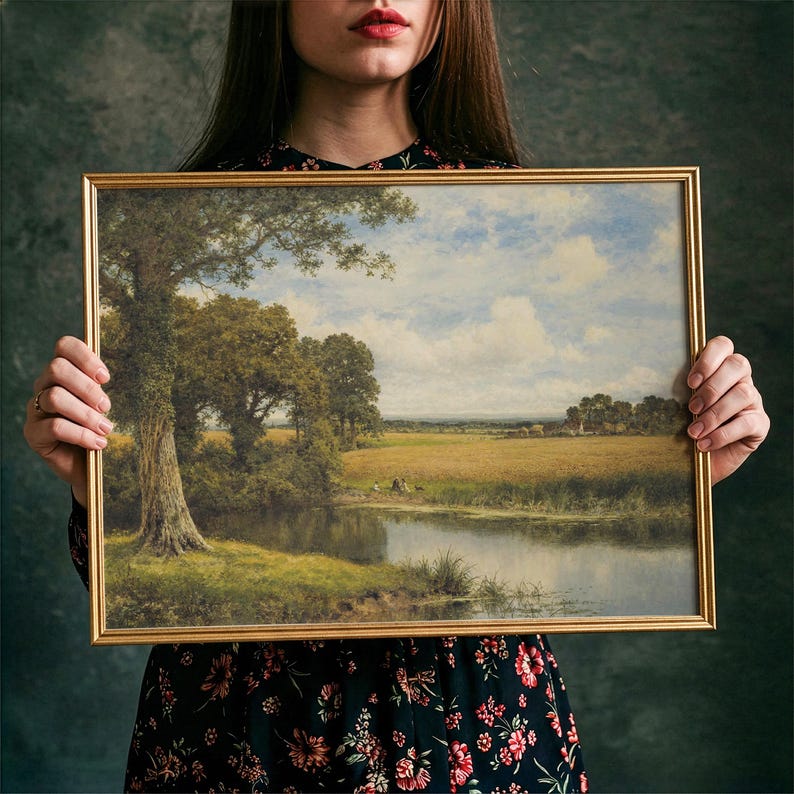 May include: A rectangular landscape painting in a thin gold frame depicting a calm river flowing past a large tree with textured bark, a golden wheat field, and a distant treeline under a bright blue sky with soft white clouds in a pastoral scene.