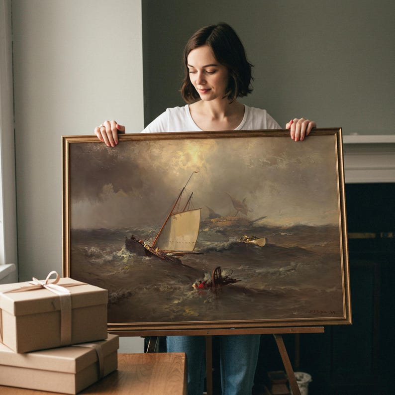 Vintage Ship Painting, 19th Century Maritime Seascape Wall Art, Antique ...