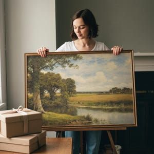 May include: A rectangular landscape painting in a thin gold frame depicting a calm river flowing through a grassy field with large trees on the left bank and a cloudy blue sky above. The artwork features muted green, yellow, and blue tones.