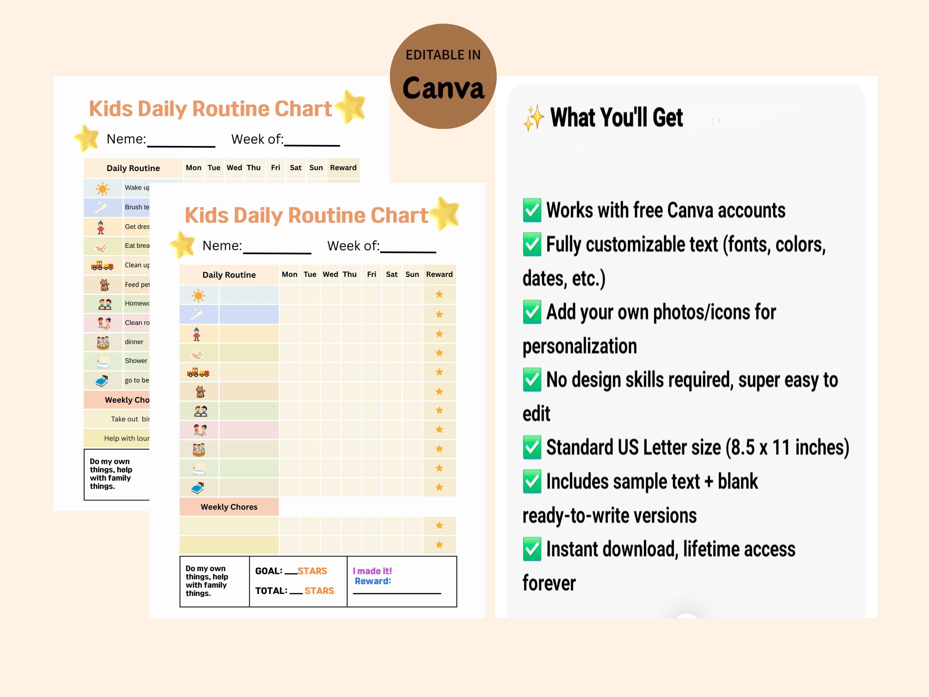 Kids Daily Routine Chart , Customizable Vsual Routine, Toddlers Chore ...