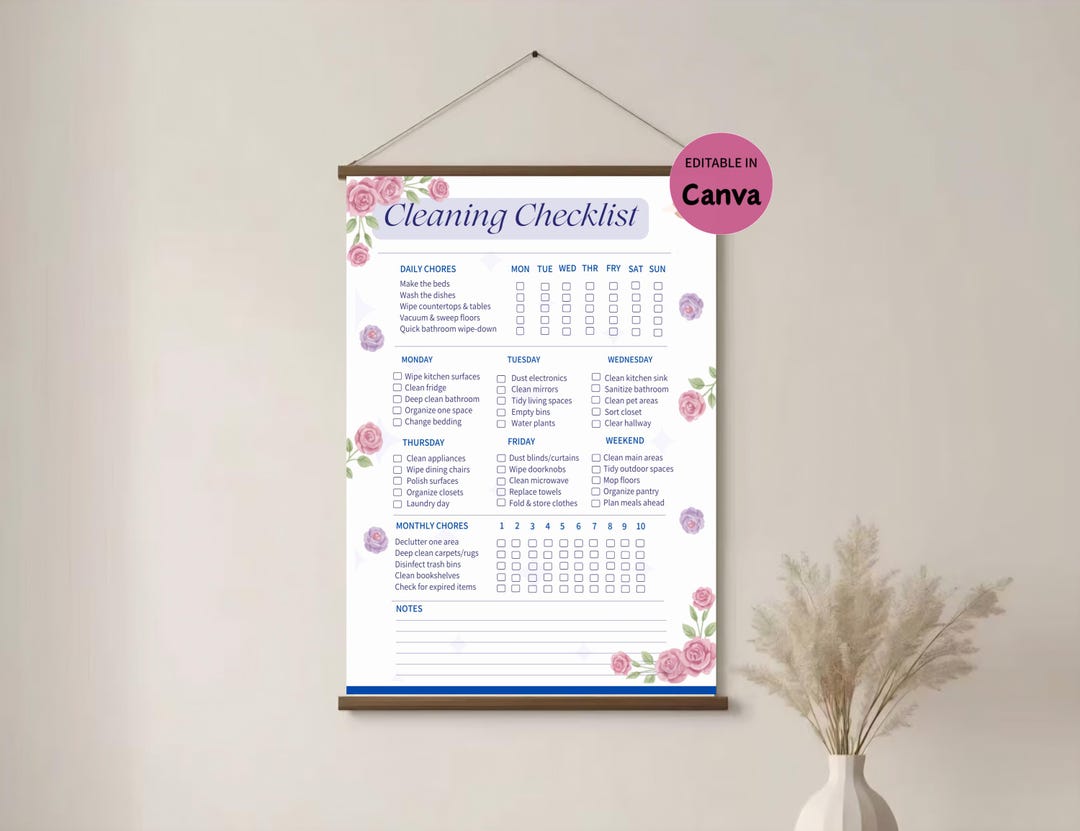 Editable Flower Template Cleaning Checklist, Printable Daily, Weekly ...