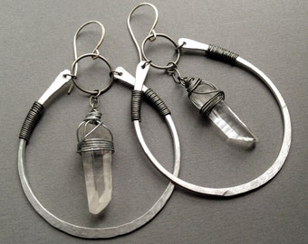 Hammered Silver Hoop Earrings with Raw Quartz Crystal or Raw Amethyst Crystal Points