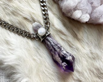 The Violet Flame- elestial amethyst point and rainbow moonstone raw crystal necklace