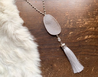 White Witch- druzy mala necklace with silver pyrite and Tibetan quartz