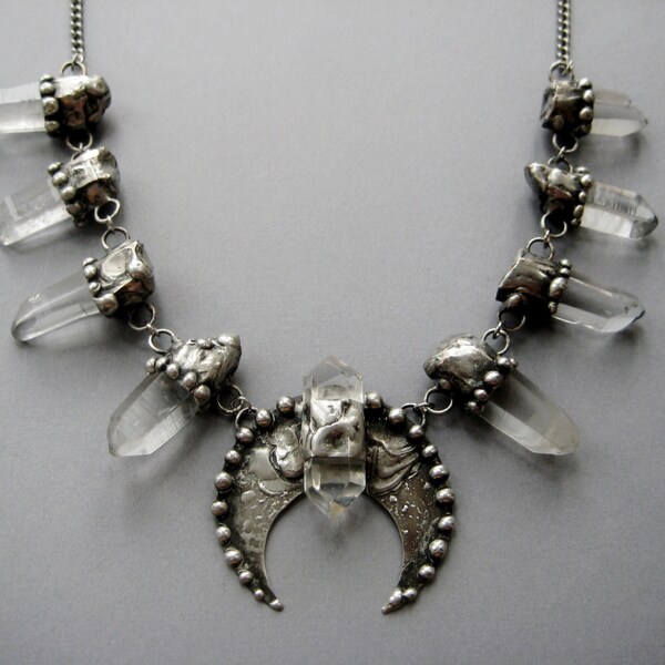 Night Blossom- raw crystal squash blossom necklace with silver studs and raw quartz points