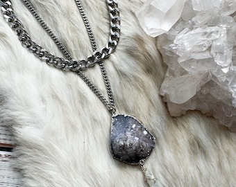 Luck Magic amulet layered chain necklace - druzy and green aventurine layered chain healing amulet necklace- healing crystals