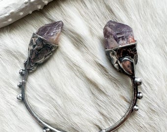 Violet Flame- raw amethyst cuff bracelet- double amethyst point bangle bracelet- studded silver cuff bracelet