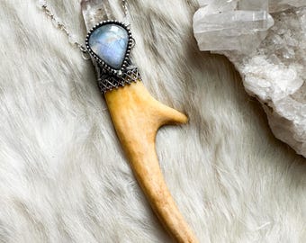 Forest Spirit- naturally shed deer antler, lithium quartz, and rainbow moonstone magic wand necklace, raw crystal jewelry