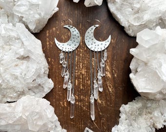 Celestial- crescent moon and raw quartz crystal fringe earrings in sterling silver or brass- crescent moon earrings- raw crystal earrings