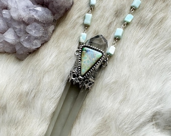 Lightsaber magic wand necklace with chlorite phantom quartz, clear quartz, monarch opal, and Peruvian opal beading