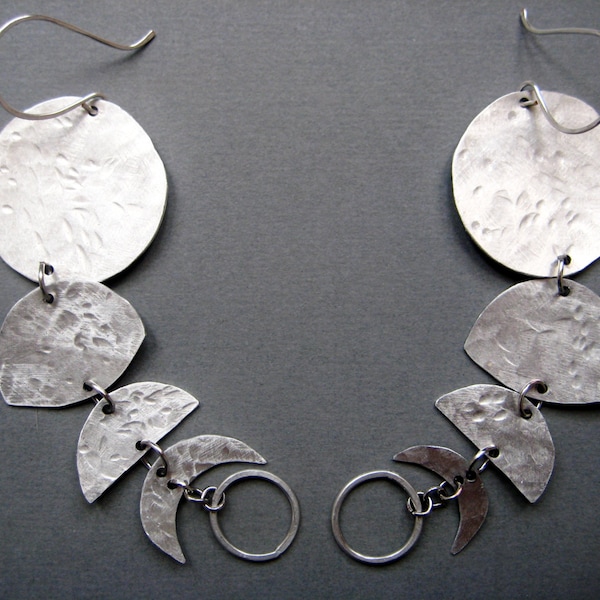 Howl- Moon Phase Hammered Metal Dangle Long Earrings- Moon Jewelry