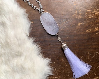 White Witch- druzy mala necklace with rainbow moonstone and Tibetan quartz