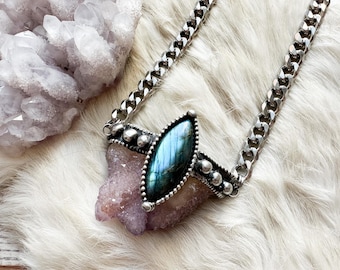 Eye of the Mountain- spirit quartz and labradorite healing crystal necklace with chunky Cuban link chain