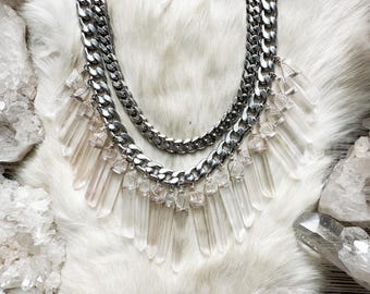 Power Shield crystal fringe necklace- raw quartz point and layered chain necklace