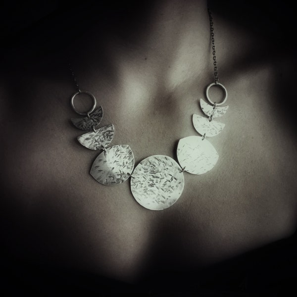 Many Moons- Moon Phase Necklace- Hammered Metal Moon Bib Necklace- Moon Jewelry