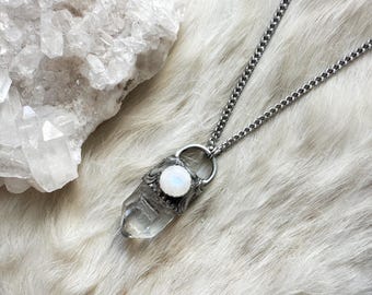 Crystal Friend- raw quartz point necklace with rainbow moonstone- layering necklace- simple crystal necklace- raw crystal everyday necklace