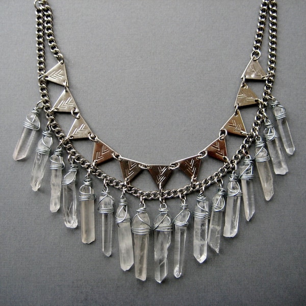 The Empress- Raw Quartz Crystal and Triangle Bib Necklace in Silver or Raw Brass- Tribal Statement Necklace