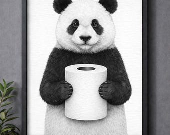 Lámina decorativa con estampado de panda en papel higiénico, divertida decoración para el baño, estilo minimalista en blanco y negro (descarga digital).