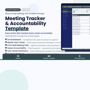 Meeting Tracker & Accountability Template Excel | Agenda + Action Items + Team Dashboard | Leader Tool