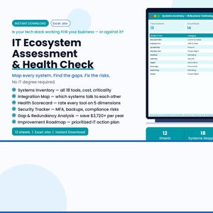 May include: A digital graphic promoting an IT Ecosystem Assessment & Health Check. The image includes a laptop screen displaying a data table, and text describing the assessment's features, such as systems inventory and health scorecard. The text also includes the phrase "Instant Download."