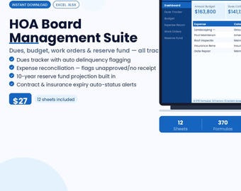 HOA Board President Management Template | Condo Association Budget Dues Tracker + Expense Audit | Excel Planner