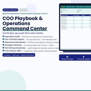 May include: A digital graphic promoting a COO Playbook & Operations Command Center. The image includes a computer screen displaying data, and text describing features such as operations audit, KPIs, and a 90-day roadmap.