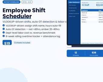 Employee Shift Schedule Excel Template | Labor Cost Tracker + OT Alerts + PTO Log | Small Business