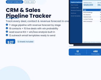 Excel CRM Sales Pipeline Tracker | Lead Deal Revenue Management (Digital Download)