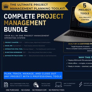 May include: A digital project management toolkit bundle featuring a laptop displaying a dashboard. Text includes THE ULTIMATE PROJECT MANAGEMENT PLANNING TOOLKIT, COMPLETE PROJECT MANAGEMENT BUNDLE, 5 PROJECT TOOLS, and lists of included files.