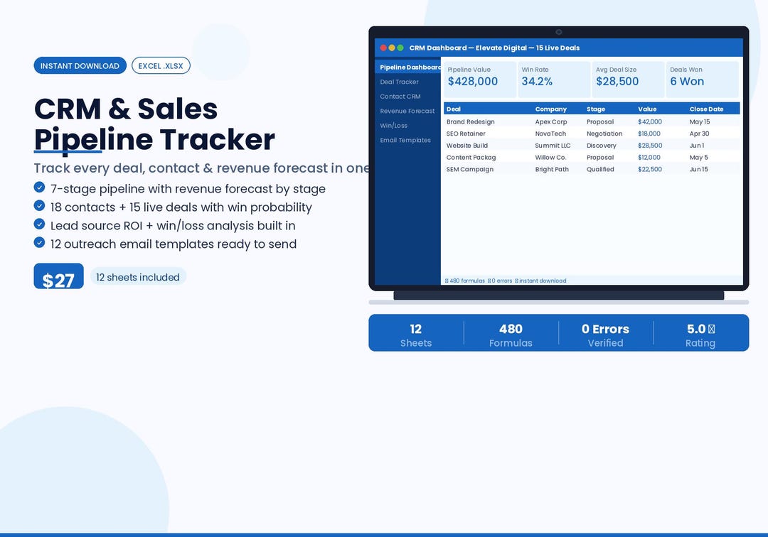 Excel CRM Sales Pipeline Tracker | Lead Deal Revenue Management ...