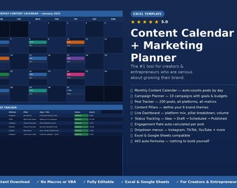 Content Calendar + Marketing Planner | Excel Social Media Post Tracker (Digital Download)
