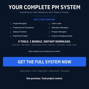 Peut inclure: Un graphique num&eacute;rique bleu fonc&eacute; intitul&eacute; YOUR COMPLETE PM SYSTEM. Il liste des utilisateurs cibles comme les chefs de projet et freelances, pr&eacute;sente 5 outils dont Gantt Chart et Budget Tracker, et inclut un bouton bleu GET THE FULL SYSTEM NOW.