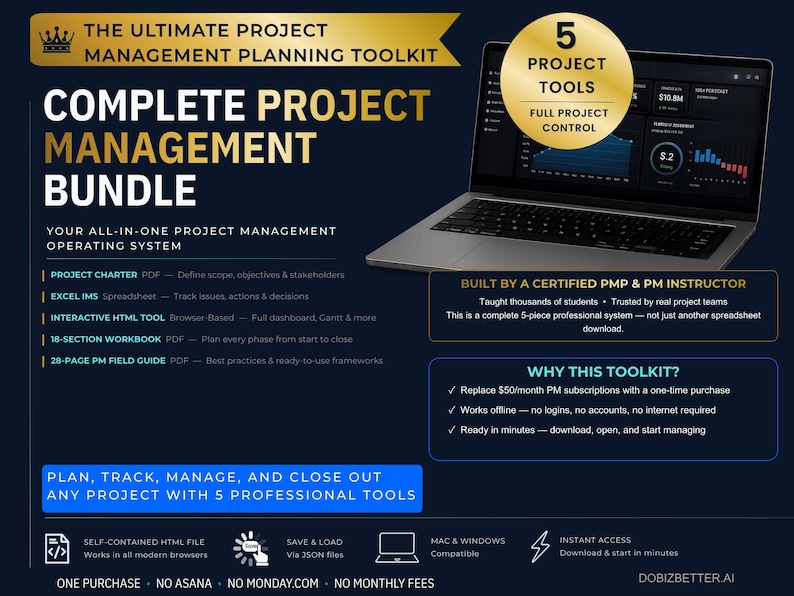 Peut inclure: Un ensemble d'outils de gestion de projet num&eacute;rique avec un ordinateur portable affichant un tableau de bord. Le texte inclut THE ULTIMATE PROJECT MANAGEMENT PLANNING TOOLKIT, COMPLETE PROJECT MANAGEMENT BUNDLE et 5 PROJECT TOOLS.