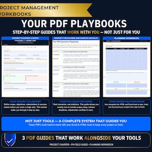 Peut inclure: Un affichage num&eacute;rique de trois classeurs PDF intitul&eacute;s Project Charter & Scope, Project Field Guide and Guiding Booklet et Planning Workbook. Le texte inclut Project Management Workbooks, Your PDF Playbooks et 3 PDF Guides That Work Alongside Your Tools, avec des descriptions de l'objectif de chaque guide pour la gestion de projet.
